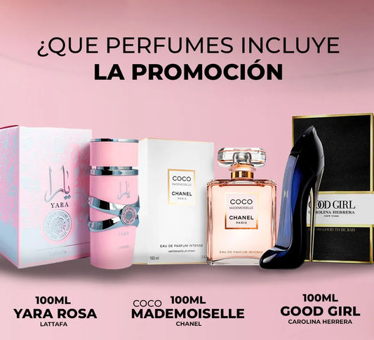 Chanel Coco Mademoiselle 100ml + Lattafa Yara Rosa 100ml + Carolina Herrera Good Girl 80ml